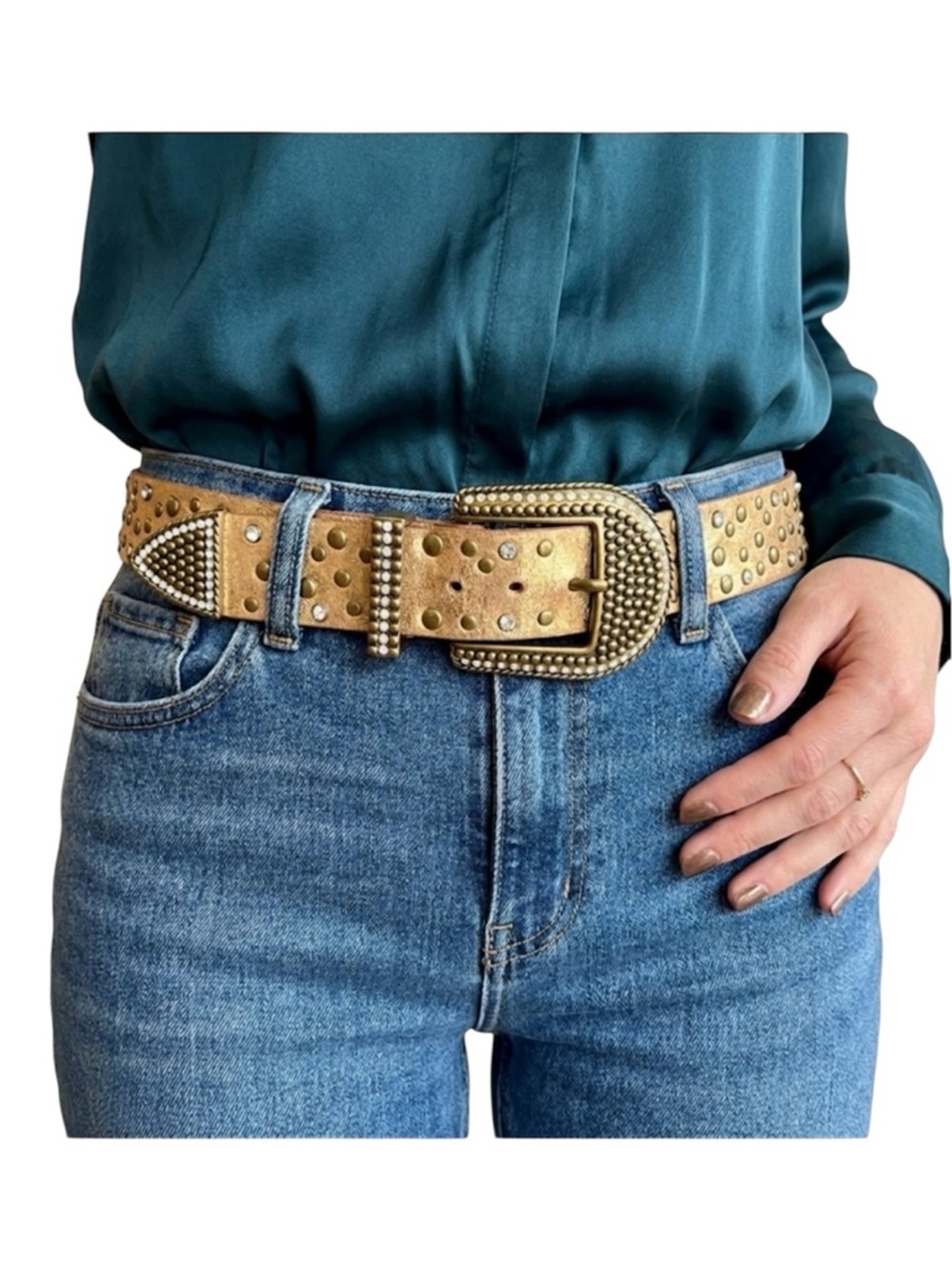 Vintage Arizona Jean Co Gold Leather Studded Western Rhinestone Belt Size M